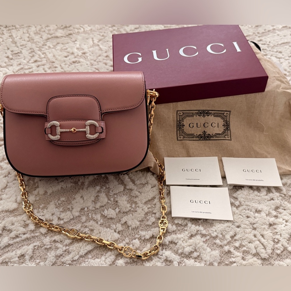 Gucci Horsebit 1955 Crystal Shoulder Bag Pink Leather Gold Chain NEW w Box - Picture 3 of 6